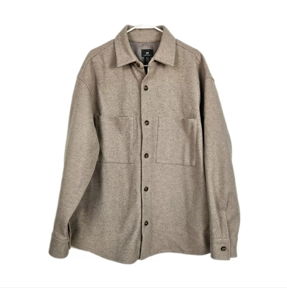 Mens XL  Overshirt Shirt Jac Beige Button Up Long Sleeve Loose Fit H&M